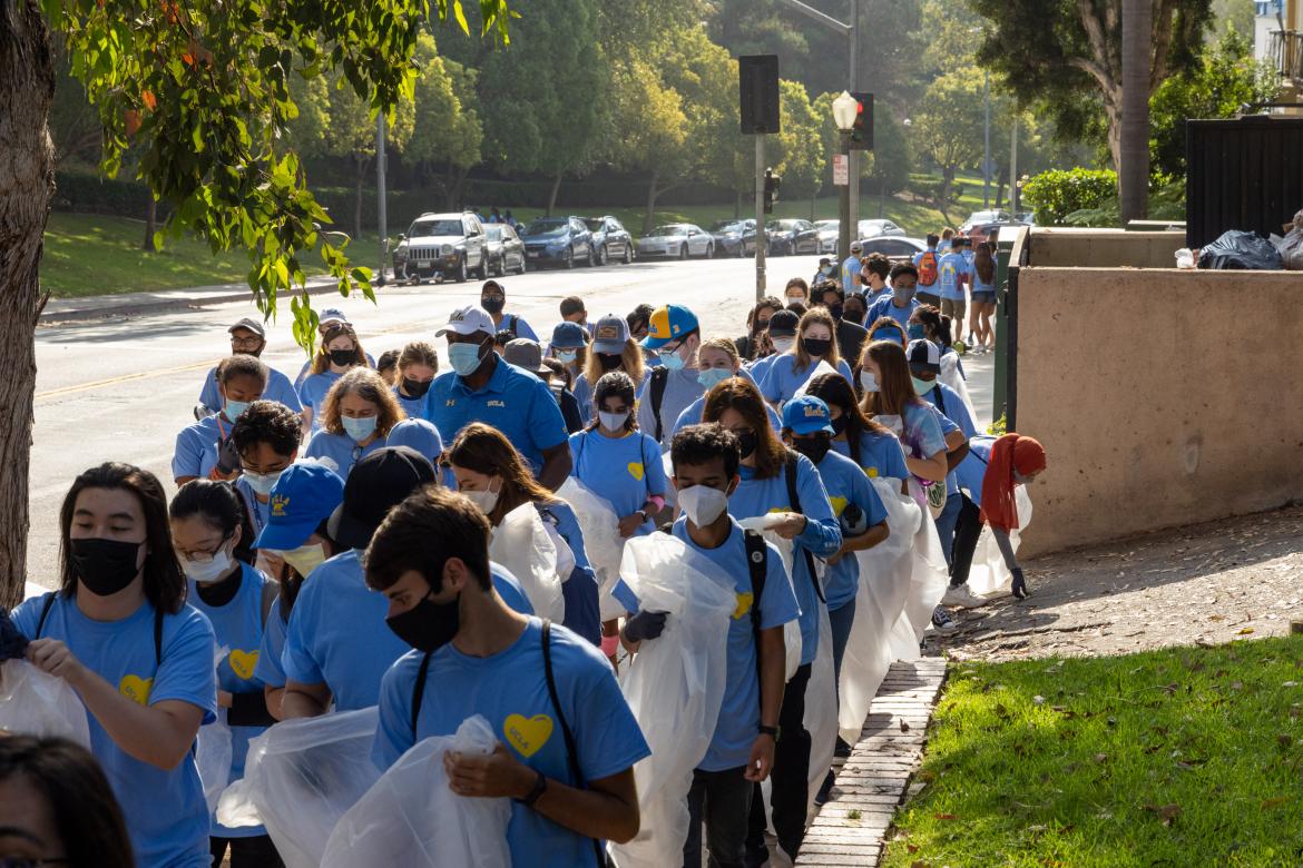 Image of UCLA volunteers heading out to clean up Westwood.