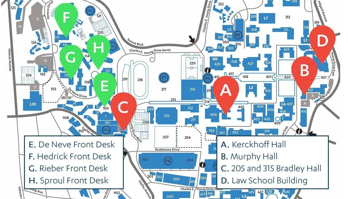 Graphic shows a cropped map of the UCLA campus with red and green markers where each Winter Wishlist donation box is located. Each marker has been assigned a letter and the green markers indicate dorm buildings on The Hill. There are two text boxes placed on top of the lower corners of the map, serving as a key with names of each Winter Wishlist donation location. Each location has been assigned a letter that matches the marker on the map.