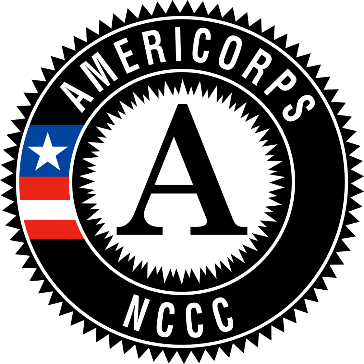 The letter A in black font is centered within a spiky black ring. The top of the ring says "AMERICORPS" in white font and "NCCC" in white font at the bottom of the ring. On the left of the ring, is a part of the American flag, with one white star over a blue background, two red stripes and one white stripe between.