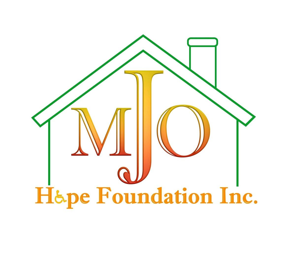 The letters MJO are a yellow to red gradient and appear within a green outline of a house. Below in yellow, "Hope Foundation Inc." is displayed with the international symbol of access replacing the letter O.