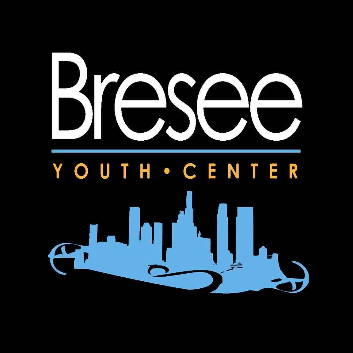 The Bresee logo has a black background with "Bresee" in white and underlined in light blue. Below in orange are the words "YOUTH CENTER" with a solid blue graphic of the LA skyline below.