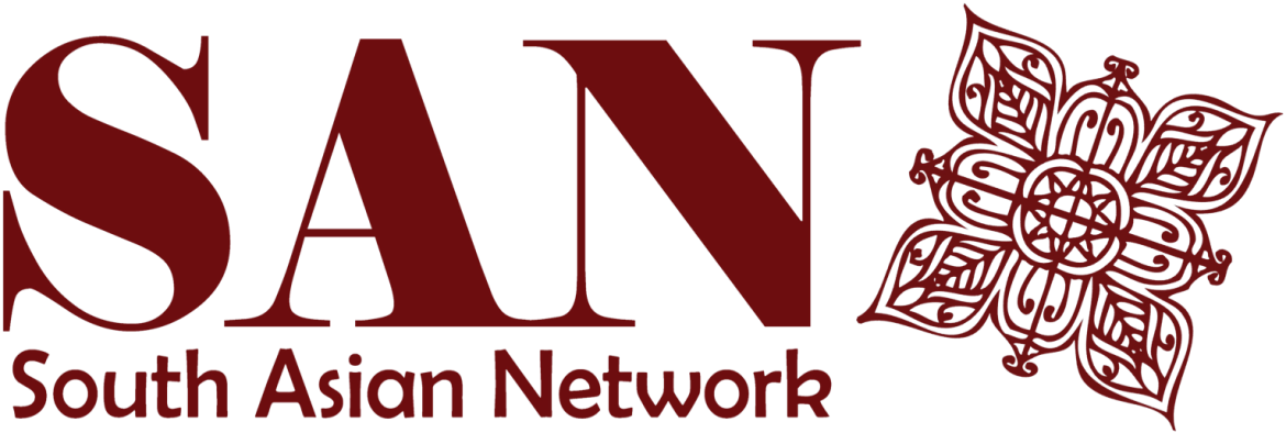In dark red, the logo reads SAN above the words South Asian Network. There is a graphic next to SAN in the same dark red.