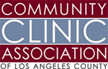 The logo states Community Clinic Association of Los Angeles County with white text over red and blue alternating backgrounds.