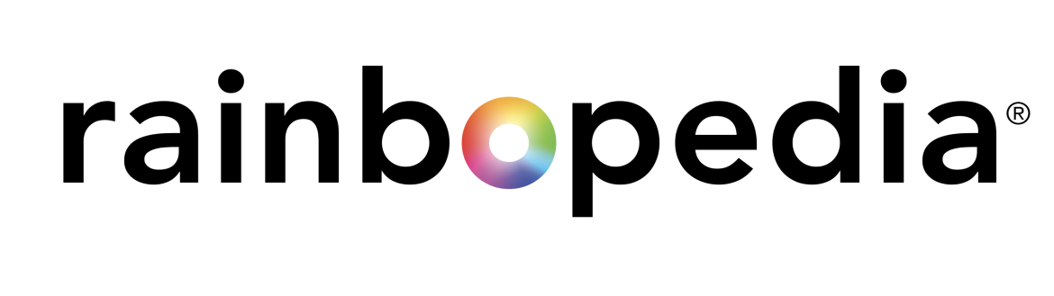 in black text reads "rainbopedia" with the letter "o" appearing as a rainbow gradient color