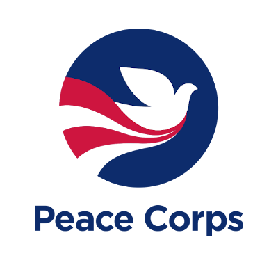 The Peace Corps logo shows a white dove in a dark blue circle with red and white stripes referring to the United States flag. Below in dark blue are the words Peace Corps.