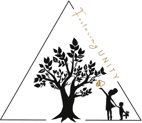 There is a black tree within an outline of a thin black triangle. In the right corner, there is an image of a woman holding hands with a child and reaching up to a gold leaf and heart under the tree. On the right side of the triangle outline, the words "Fostering UNITY" are written in gold.