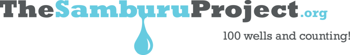 The Samburu Project logo features the website url "TheSamburuProject.org" above the statement: 100 wells and counting! There is a water droplet incorporated into the logo as well.