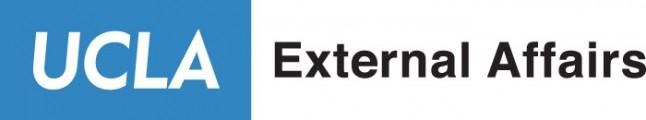 In white font with a blue background, the logo says UCLA. To the right in black font over a white background are the words "External Affairs"
