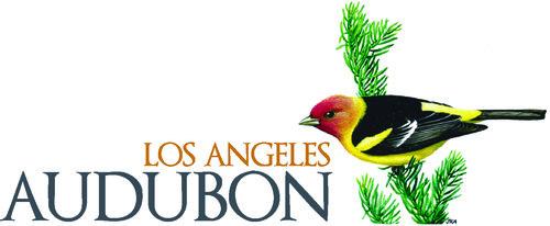 The logo for the Los Angeles Audubon Society says "Los Angeles" in gold text over "AUDUBON" in large black text. To the right of the text is a black and yellow bird with a red head on a green tree branch.