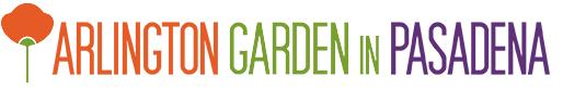 The logo has an orange flower next to the words "Arlington Garden in Pasadena" Arlington is in orange text, "Garden in" is in green text, and "Pasadena" is in purple text.