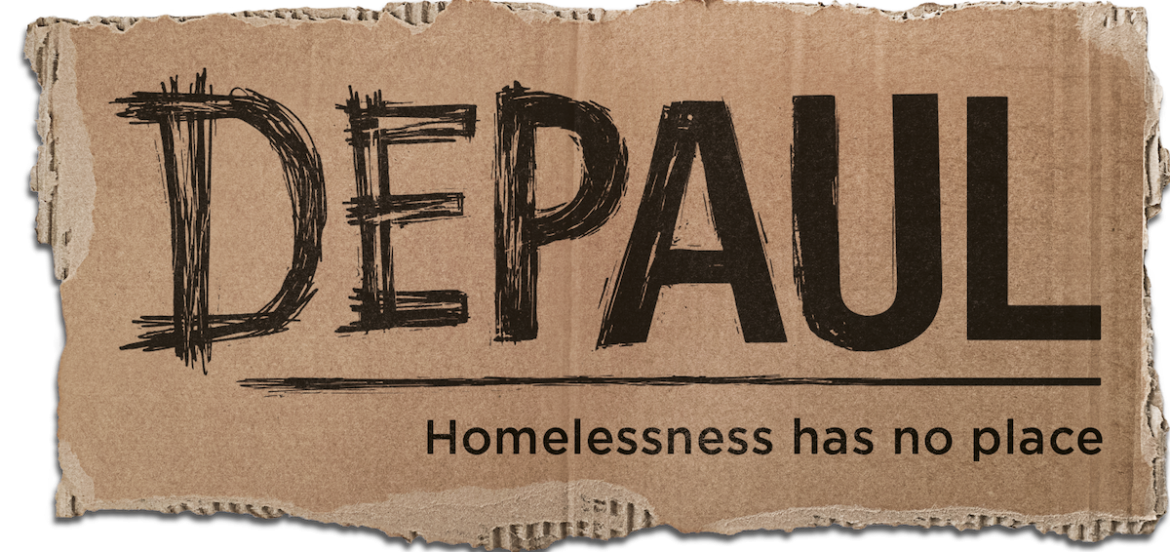 The logo is styled like a handmade cardboard sign reading "DEPAUL". The text is underlined and below the line reads "Homelessness has no place" in smaller black text.