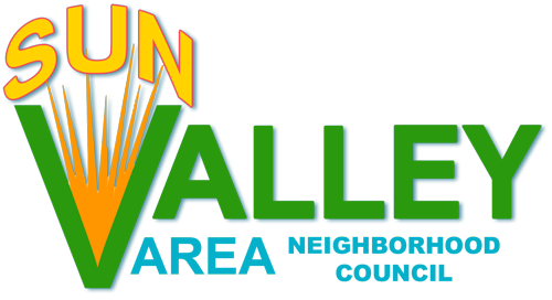 The logo has the word "SUN" in bright yellow acting as a setting sun in the top left corner. In the middle in large green text reads "Valley" and "Area Neighborhood Council" in blue text along the bottom.