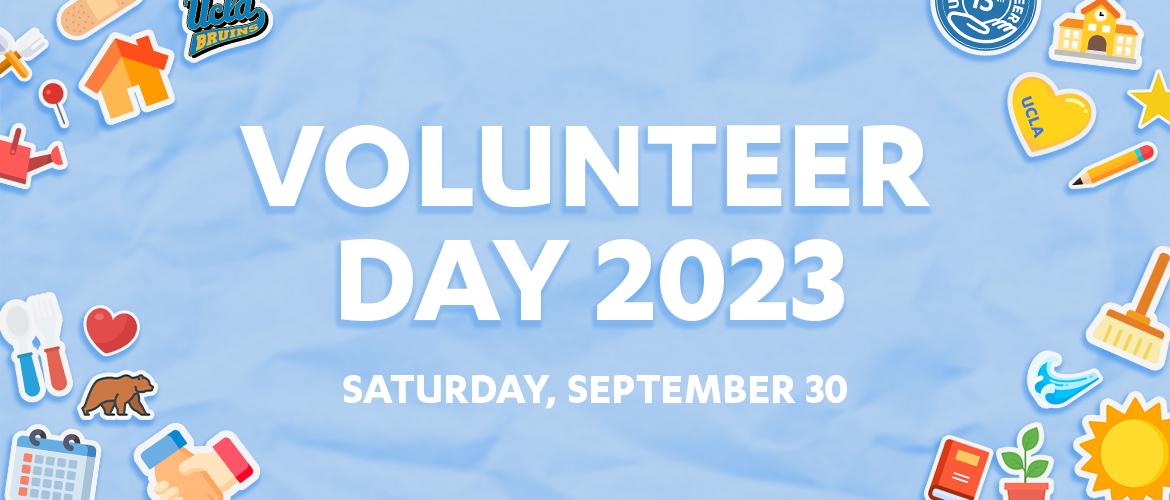 "Volunteer Day 2023" text with "Saturday, September 30" text underneath it. It is set on a blue background with scattered icons made to appear like stickers on the four corners of the image.