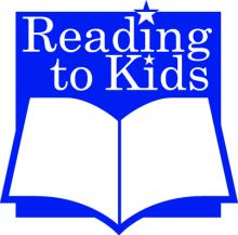 Reading to Kids logo depicted by a blank white book set on a blue background