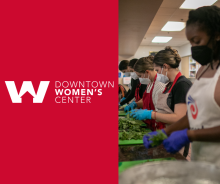 Downtown Women's Center logo on the left and women at a food stand on the right