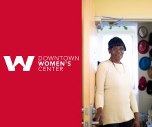 Downtown Women's Center logo on the left and a woman on the right