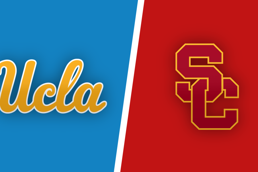 The UCLA cursive logo in gold over a blue background is positioned next to the interlocking SC for USC in red lettering with a gold outline over a read background.