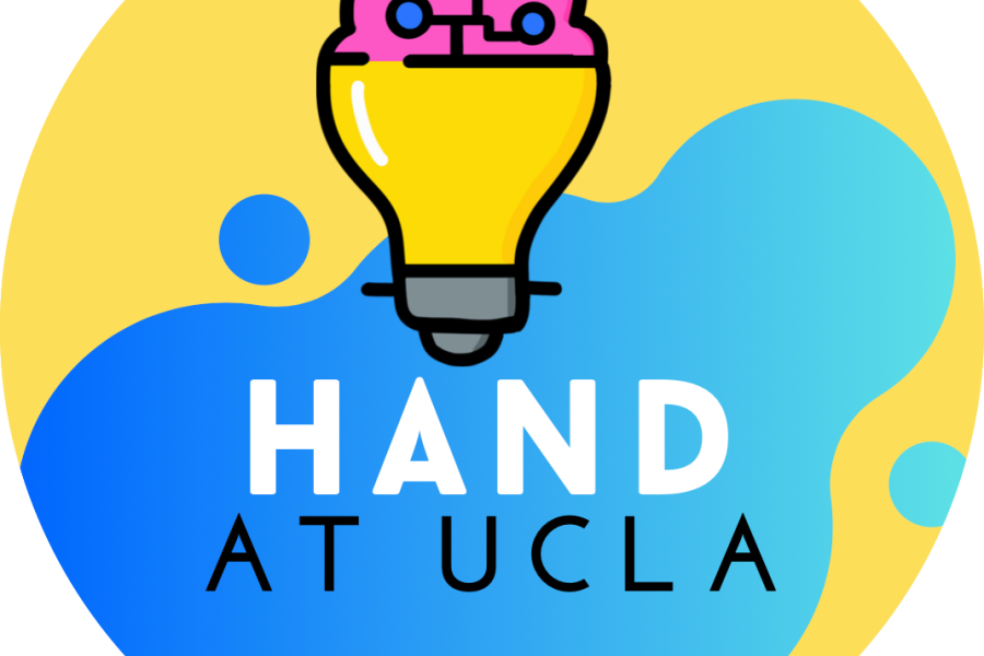 The HAND logo consists of a yellow circle with a gradient blue blob in the center. Over the blob is a yellow lightbulb with the top part depicting a pink brain with blue dots. Below the lightbulb in white text reads "HAND" with "AT UCLA" written underneath in smaller black text.