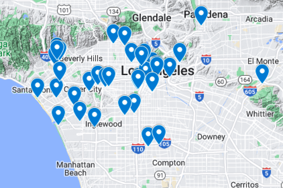 The image shoes a map of Los Angeles county with blue points indicating locations where there were in-person volunteer projects for Serve LA 2022. Sites cover Santa Monica to El Monte and San Fernando to San Pedro.