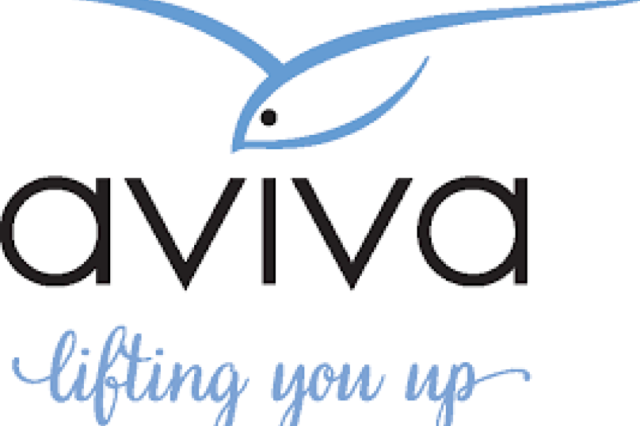 In black text reads "aviva" with the words "lifting you up" in blue script below. The top of the logo shows a line drawn bird in blue ink.